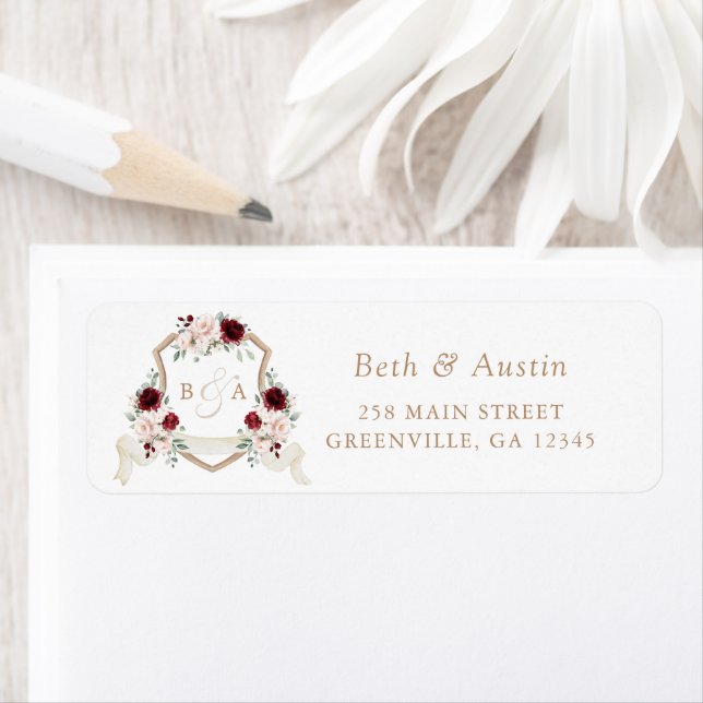 Elegant Floral Blush Burgundy Crest Return Address Label (Insitu)