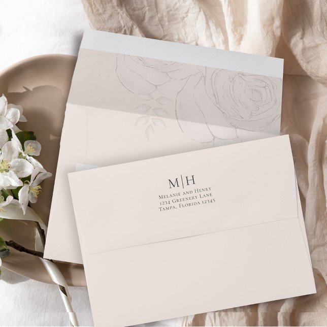 Elegant Floral Blush Classic Simple Monogram  Envelope (Simple floral elegant blush  envelope with monogram return address on the back flap)