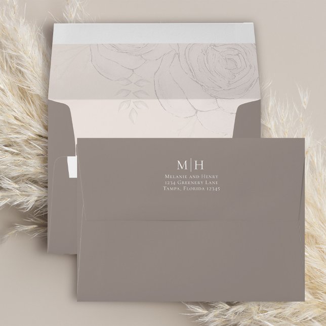 Elegant Floral Blush Classic Simple Monogram Taupe Envelope (Simple floral elegant blush and taupe envelope with monogram return address on the back flap)