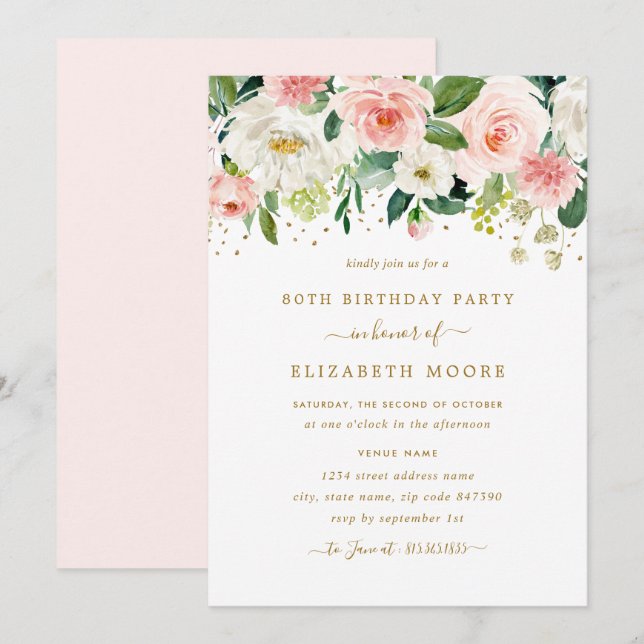 Elegant Floral Blush Gold 80th Birthday Invitation (Front/Back)