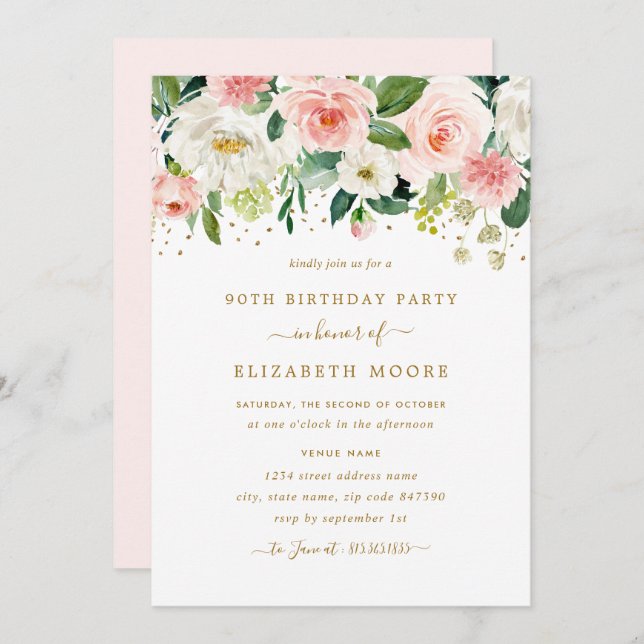 Elegant Floral Blush Gold 90th Birthday Invitation (Front/Back)