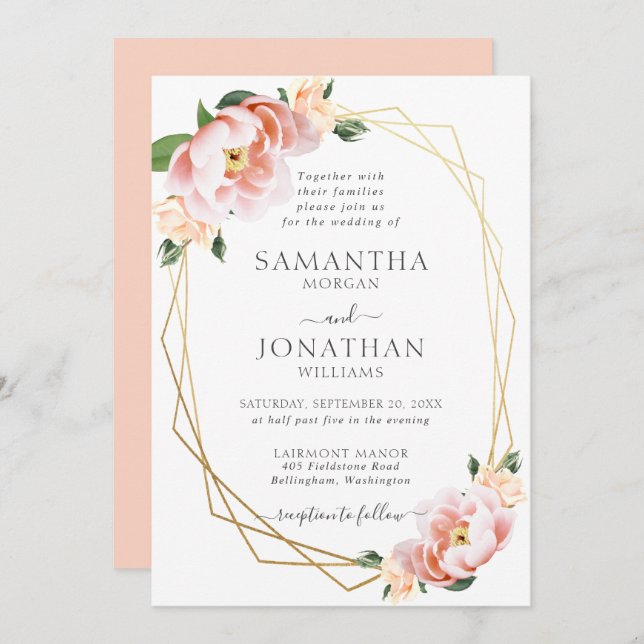 Elegant Floral Blush Peach Gold Geometric Wedding Invitation (Front/Back)