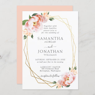 Elegant Floral Blush Peach Gold Geometric Wedding Invitation