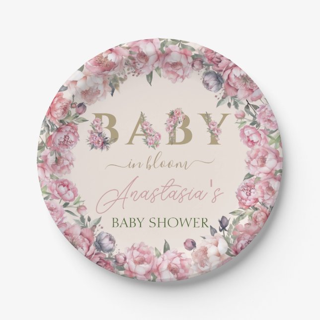 Elegant Floral Blush Peonies in Bloom Baby Shower Paper Plate (Front)