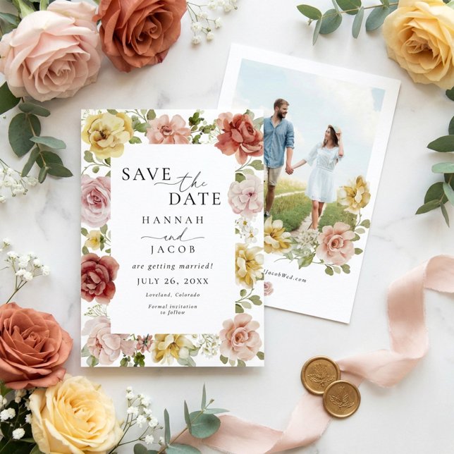 Elegant Floral Blush Pink and Yellow Photo Wedding Save The Date (Creator Uploaded)