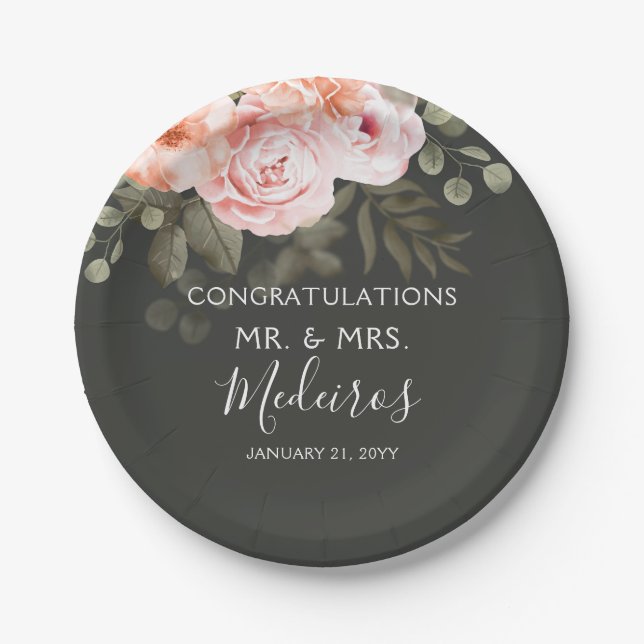 Elegant Floral Blush Pink Botanical Modern Wedding Paper Plate (Front)