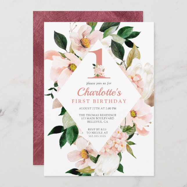 Elegant Floral Blush Pink First Birthday Invitation (Front/Back)