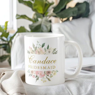 Elegant Floral Blush Pink Gold Bridesmaid Monogram Coffee Mug