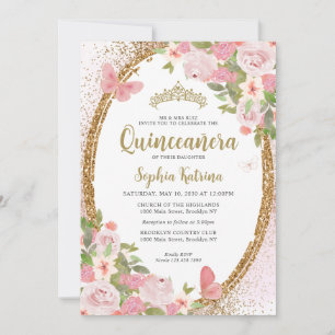 Elegant Floral Blush Pink Gold Tiara Quinceañera Invitation
