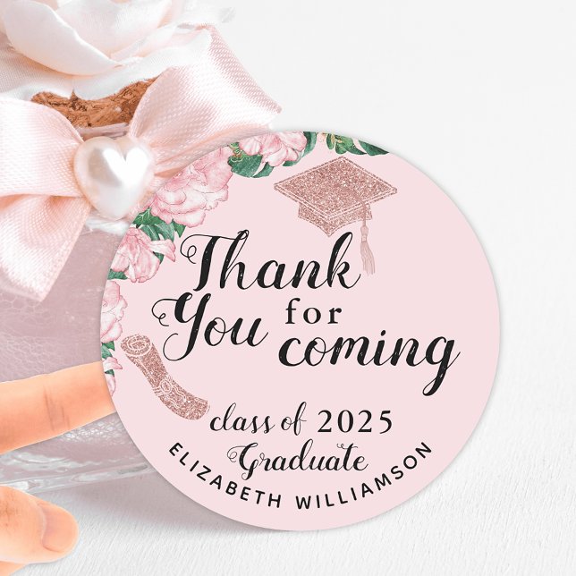 Elegant Floral Blush Pink Graduation Thank You Classic Round Sticker (Creator Uploaded)