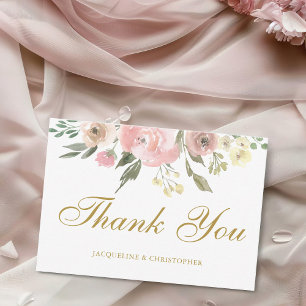 Elegant Floral Blush Pink Peony Gold Wedding Thank You Card