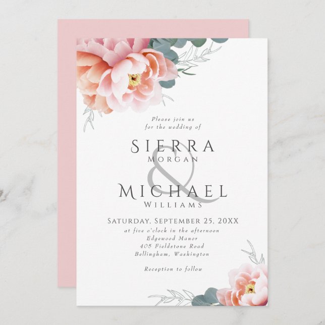 Elegant Floral Blush Pink Peony Greenery Wedding Invitation (Front/Back)