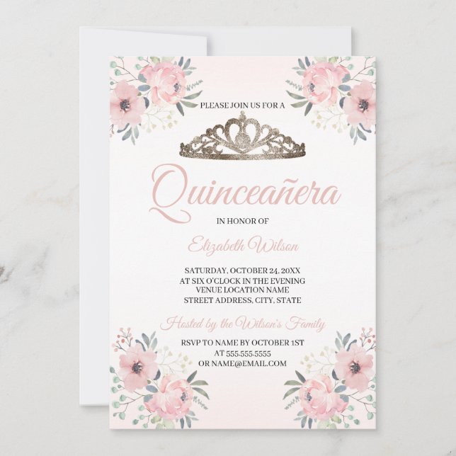 Elegant Floral Blush Pink Photo Quinceanera Invita Invitation (Front)