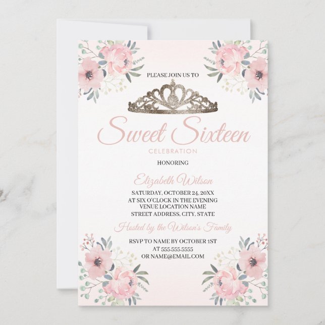 Elegant Floral Blush Pink Photo Sweet 16 Invitatio Invitation (Front)