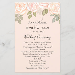 Elegant Floral Blush Roses Simple Wedding Program