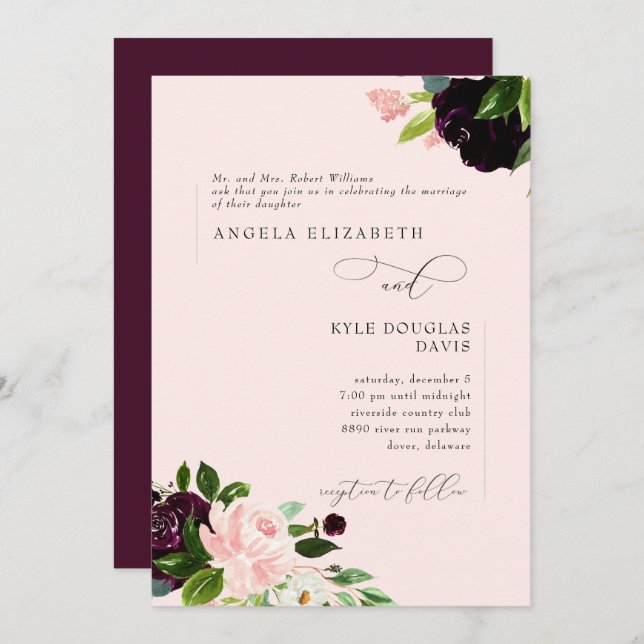 Elegant Floral Blush & Wine Bride Parents Wedding Invitation (Front/Back)