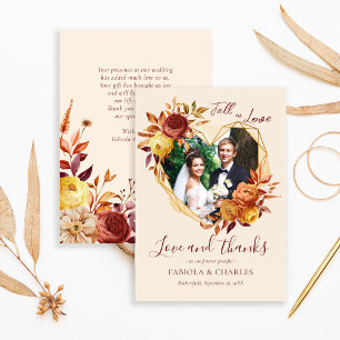 Elegant Floral Boho Fall in Love Photo Wedding Thank You Card