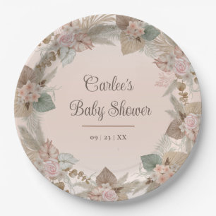 Elegant Floral Boho Gender Neutral Baby Shower Paper Plate