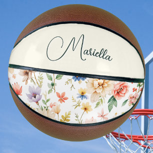 Elegant Floral Boho Watercolor Script Name Basketball