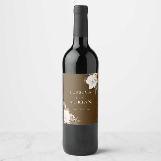 Elegant Floral Boho Wedding Wine Bottle Label (Front)