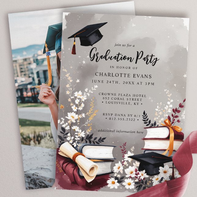 Elegant Floral Books Graduation Party Photo Invitation (Creator Uploaded)
