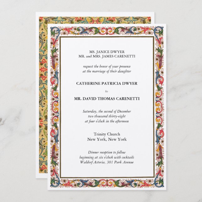 Elegant Floral Border Blue & Gold Wedding Invitation (Front/Back)
