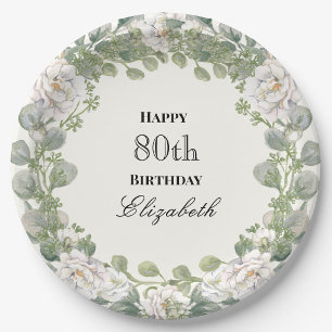 Elegant Floral Border Women's 80th Birthday Custom Paper Plate