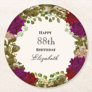 Elegant Floral Border Women's 88th Birthday Custom Round Paper Coaster