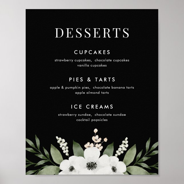 Elegant Floral Botanical Dessert Bar Menu Sign (Front)