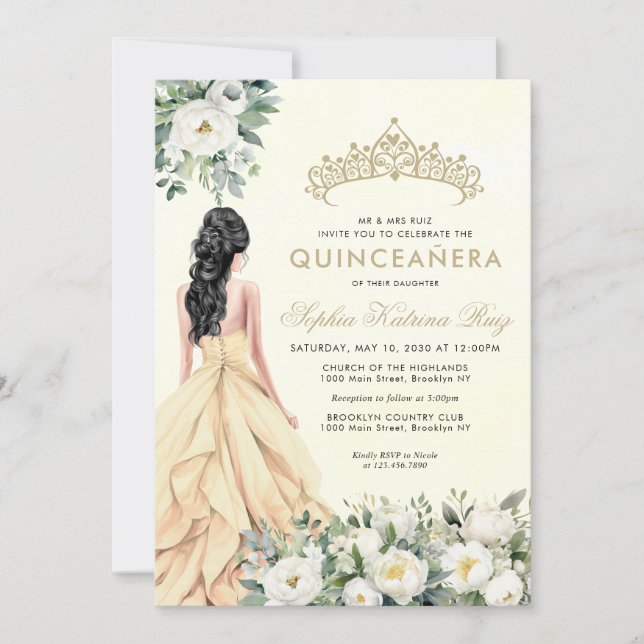 Elegant Floral Botanical Gold Princess Quinceañera Invitation (Front)