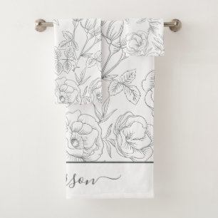 Elegant Floral Botanical Grey White Monogram Bath Towel Set