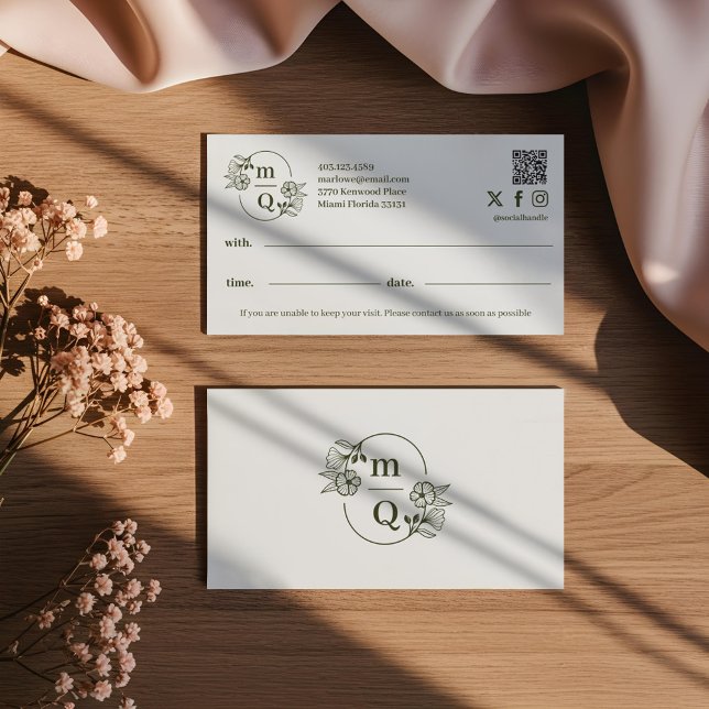 Elegant Floral Botanical Monogram Crest Logo Brand Appointment Card (floral crest design,elegant branding,floral,botanical,monogram,hand-drawn design,monogram crest,embl)