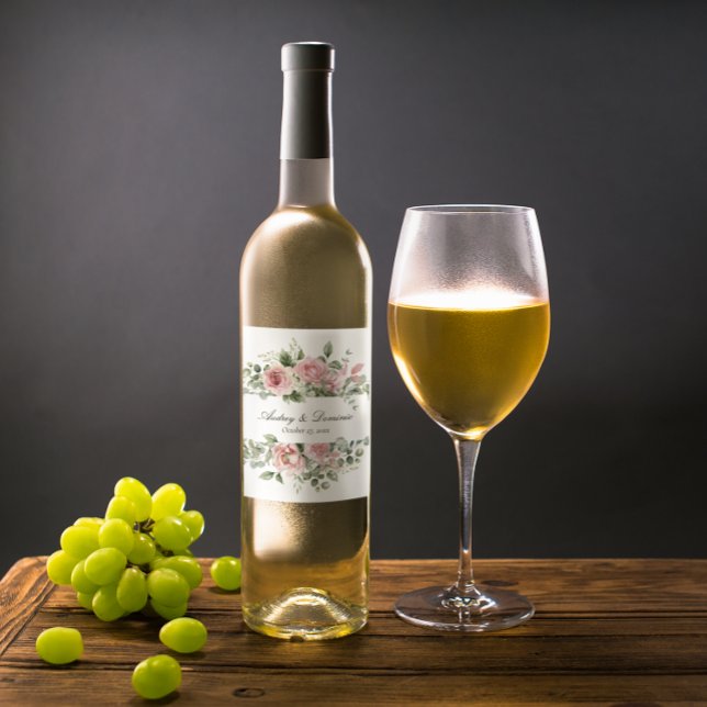 Elegant Floral Botanical Pink Roses Rustic Wedding Wine Label (floral wedding wine label with pink roses and greenery for botanical and garden themed weddings)