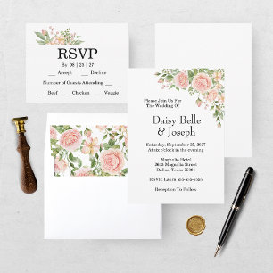 Elegant Floral Botanical Rose Pink Wedding RSVP Card