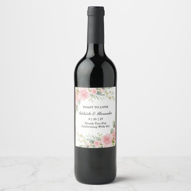 Elegant Floral Botanical Rose Pink Wedding Wine Label (Front)