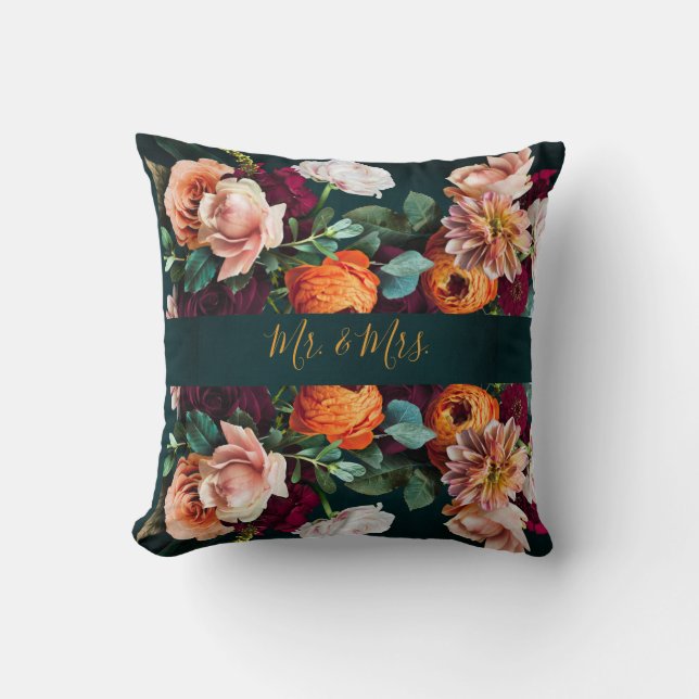 Elegant Floral Botanical Rustic Mr. & Mrs. Wedding Cushion (Front)