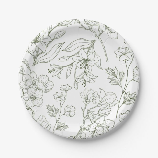 Elegant Floral Botanical Sage Green Paper Plate (Front)