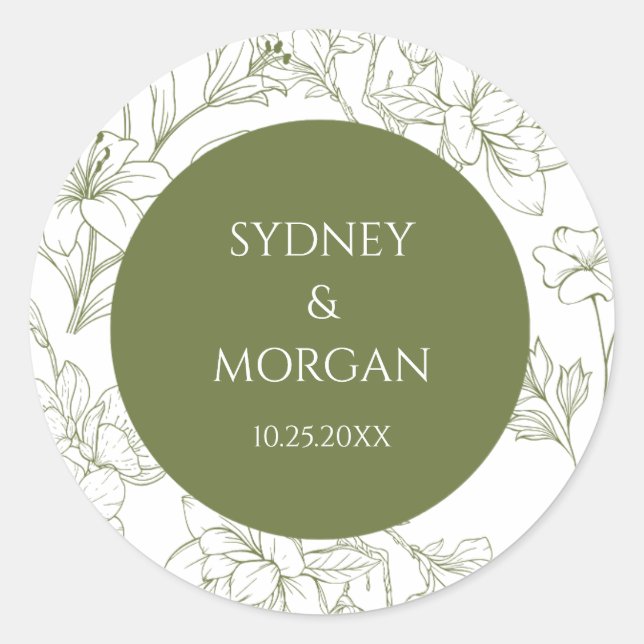 Elegant Floral Botanical Sage Green Wedding  Classic Round Sticker (Front)