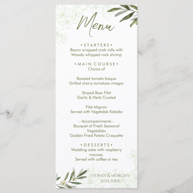 Elegant Floral Botanical Sage Green Wedding Dinner Menu (Front)