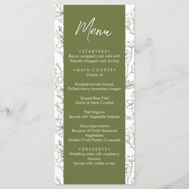 Elegant Floral Botanical Sage Green Wedding Dinner Menu (Front)
