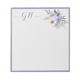 Elegant Floral Bouquet Grey Blue Pink Initials Notepad