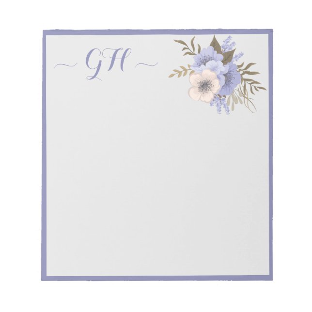 Elegant Floral Bouquet Grey Blue Pink Initials Notepad (Front)