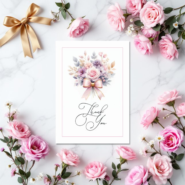 Elegant Floral Bow 1st Birthday Girl Photo Thank You Card (Elegant Floral Bow 1st Birthday Girl Photo Thank You Card)
