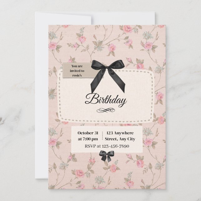 Elegant Floral Bow Coquette Birthday Invitation (Front)