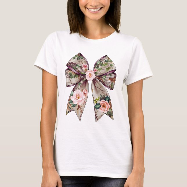 Elegant Floral Bow Design - Romantic Nature-Inspir T-Shirt (Front)