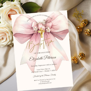 Elegant Floral Bow Gold Cross Baptism Invitation