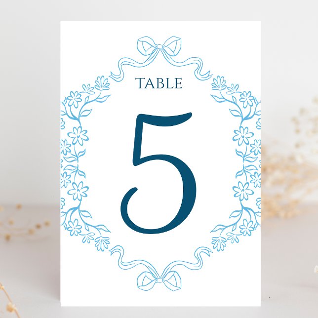 Elegant Floral & Bow Illustration Blue Wedding  Table Number (These soft blue floral table number cards bring a refined, romantic vibe to your wedding reception.)