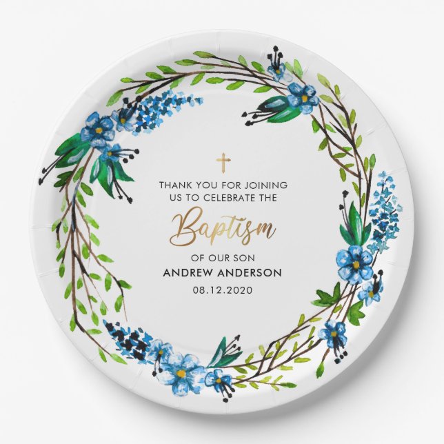 Elegant Floral Boy Baptism Paper Plate (Front)