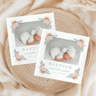 Elegant Floral Boy Baptism Photo  Napkin