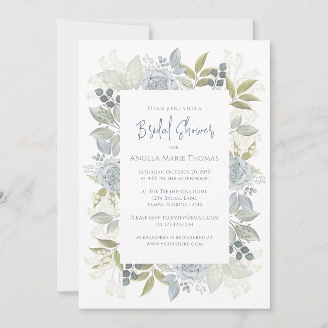 Elegant Floral Bridal Shower Dusty Blue Roses Invitation (Front)